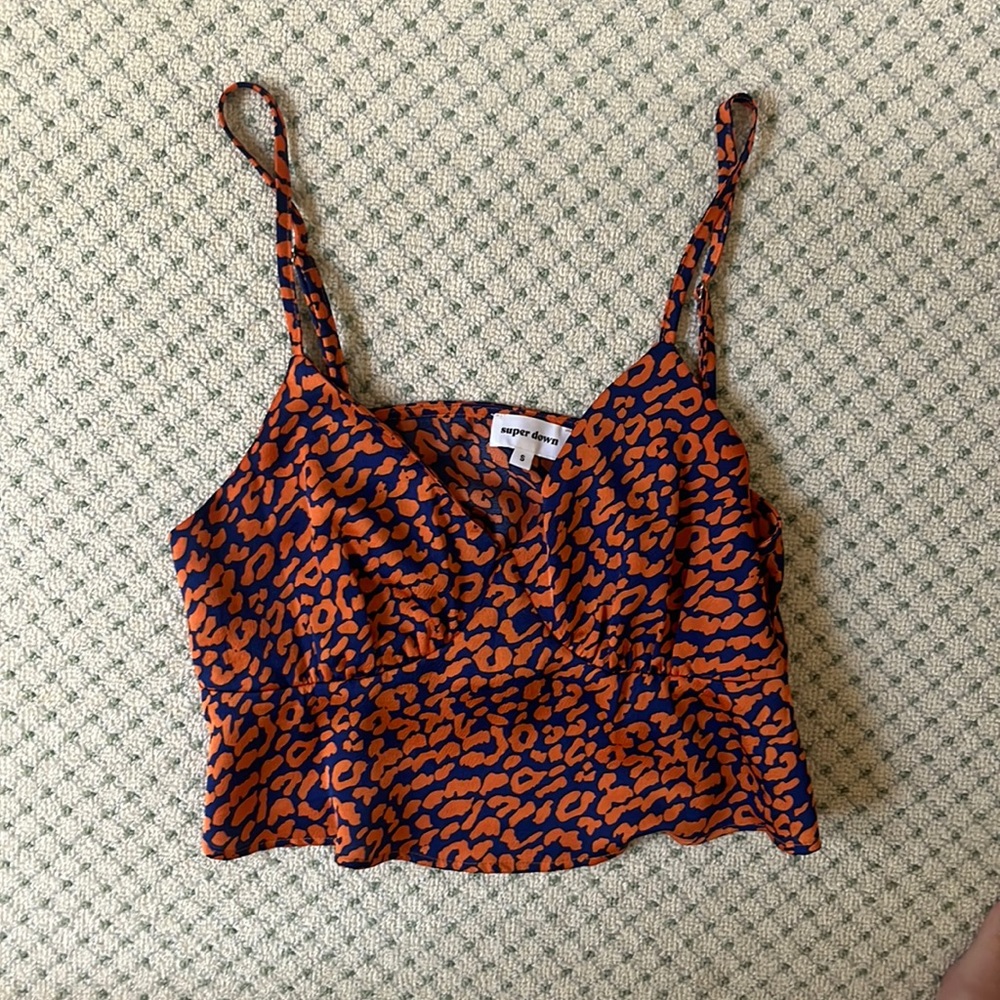 Superdown crop top, orange and blue cheetah print, size S